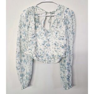 Free People Women's Small White Cropped Long Sleeve White Blue Floral Blouse Top
